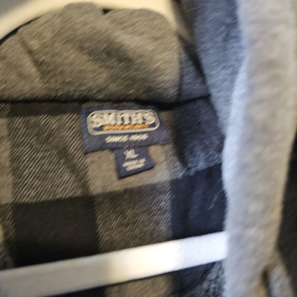 Smith's Workwear Sherpa Lined Hooded Flannel Jacket Gray Black Plaid Men's XL - Picture 2 of 7